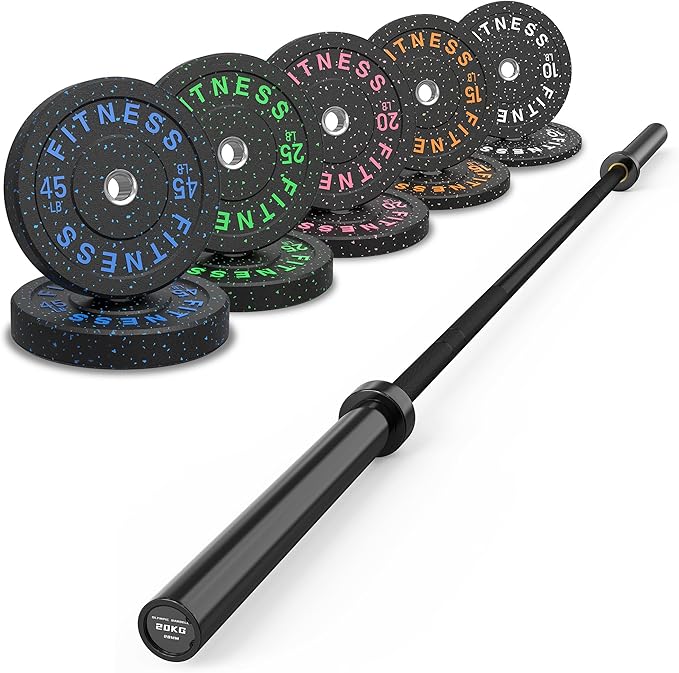 HANDBODE Olympic Barbell Set, 2-Inch Bumper Plates with Weight Plate Rack | Colored Crumb Rubber Weight Plates for Weight Lifting & Strength Training, 90–530 lb Set with 45 LB (20 kg) Olympic Barbell