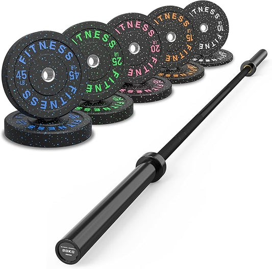 HANDBODE Olympic Barbell Set, 2-Inch Bumper Plates with Weight Plate Rack | Colored Crumb Rubber Weight Plates for Weight Lifting & Strength Training, 90–530 lb Set with 45 LB (20 kg) Olympic Barbell