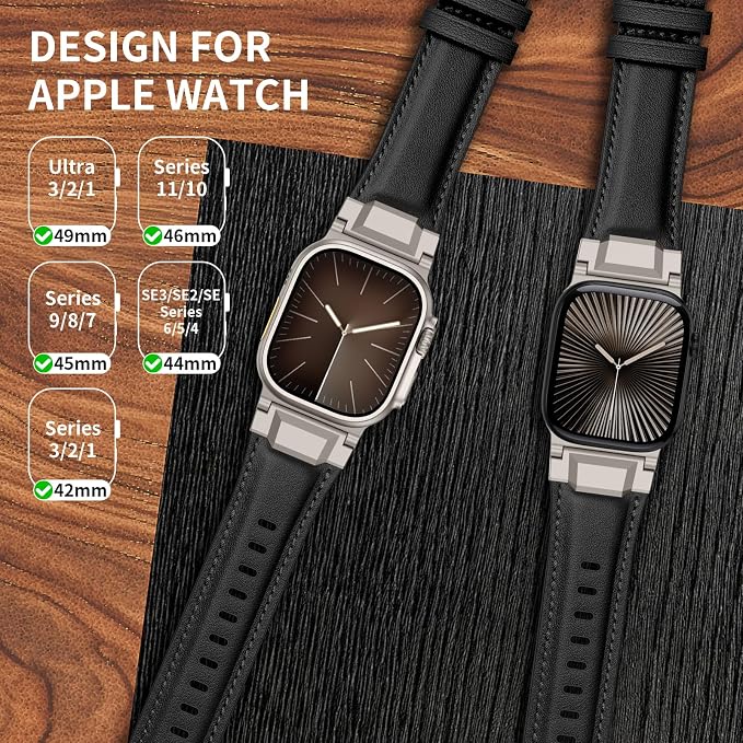 Bands Compatible with Apple Watch Ultra 3/2/1 Band 49/46/45/44mm | Genuine Leather Metal Connector Strap for iWatch Ultra Series 11/10/9/8/7/SE/6/5/4/3/2/1, Black/Titanium