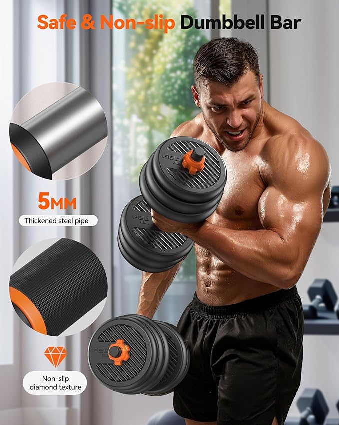 FEIERDUN DS2 Adjustable Dumbbells, 20/30/40/45/70/90lbs Free Weight Set with Connector, 5 in1 Dumbbells Set Used as Barbell, Kettlebells, Push up Stand, Weight Plate, Fitness Exercises for Home Gym Suitable Men/Women