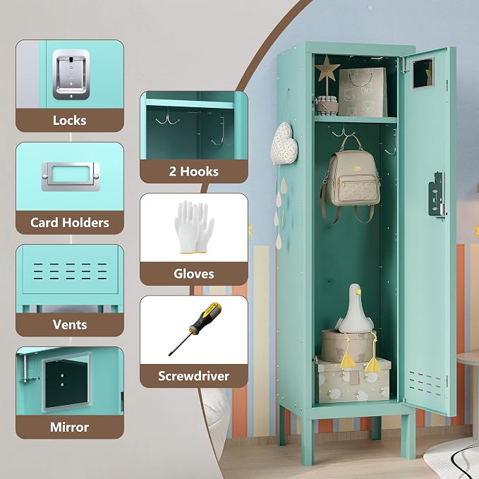 BUTISOW Metal Storage Locker with Lock & Card Slot Locker - Secure Lockable Door - Steel Locker for School, Office, Gym, Home - 54" H x 15" W x 15" D（1 Door, Teal）