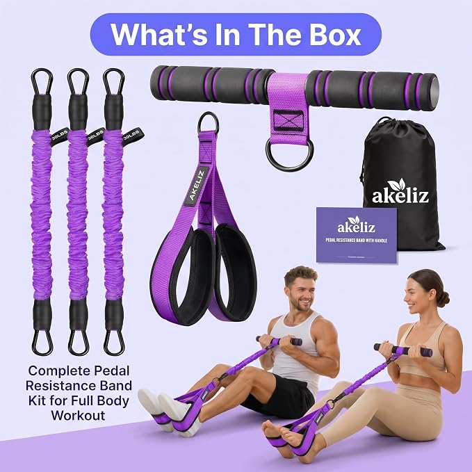 Pedal Resistance Band with Handle, 3 Tube Adjustable Foot Pedal Resistance Bands for Abs, Core, Arm, Leg, Sit Up Exercise Equipment for Women Men, Multifunction Tension Rope Home Workout