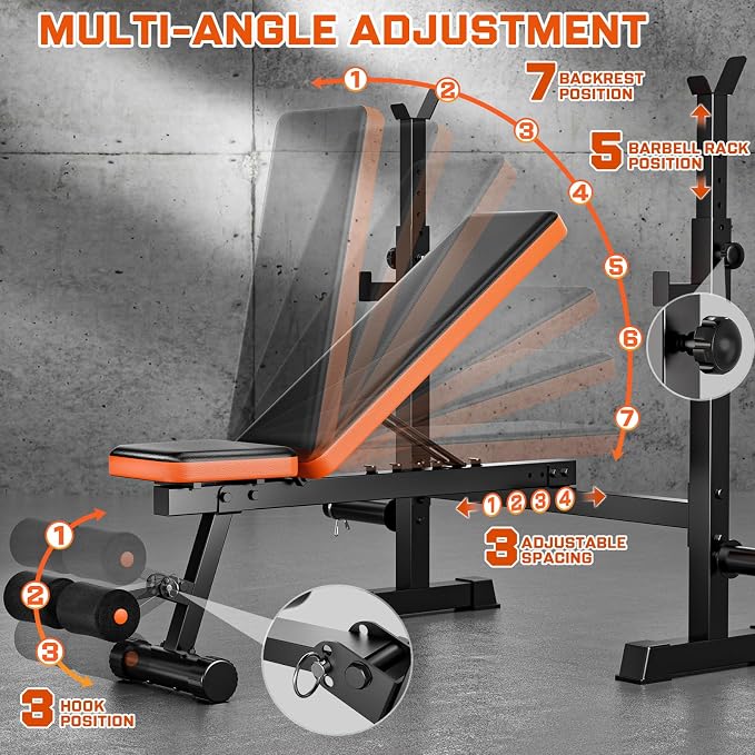 Fostoy Adjustable Weight Bench with Squat Rack & Incline Design | 770LB Heavy Duty, Flat & Incline Positions, Removable Foot Catch, Olympic Bench Press Station, Home Gym Strength Training
