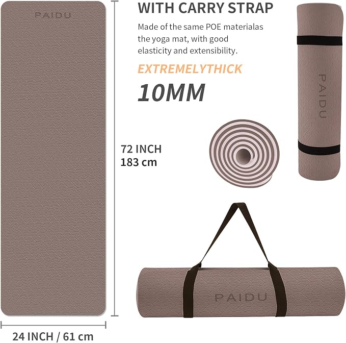 PAIDU POE Yoga Mat （10mm）Extra Thick Fitness Mat 72"x24" with Carry Strap | Non-slip, tear-resistant and suitable for all ages, perfect for yoga, Pilates, home gym and full-body workouts.