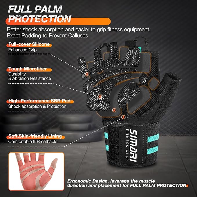 SIMARI Workout Gym Gloves for Men Women, Weight Lifting Gloves with Wrist Wrap Support, SBR Pad Grip for Full Palm Protection, for Exercise, Fitness, Dumbbells, Barbell, Climbing, Fingerless