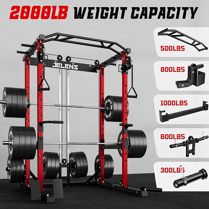 JELENS C12 Power Rack, 2000LBS Squat Rack with Cable Crossover System, Workout Cage with More Training Attachments for Home Gym