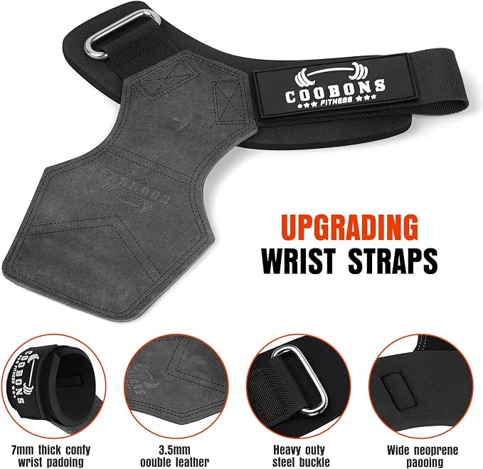 Weight Lifting Wrist Straps, Gym Straps Weight Lifting for Deadlift and Powerlifting, Double Layer Leather Wrist Wraps with Padded Cushion Wrist Loop, Weightlifting Grips for Men and Women