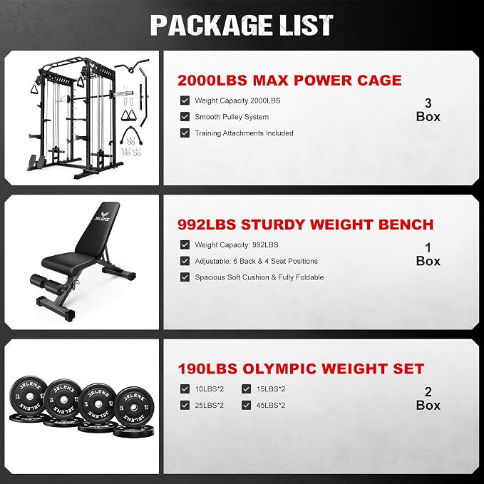 JELENS M21 Smith Machine, Multi-Function Power Cage with Dual Pulley Cable Crossover System, 2000LBS All-in-One Squat Rack with Smith Bar and Attachments for Home Gym