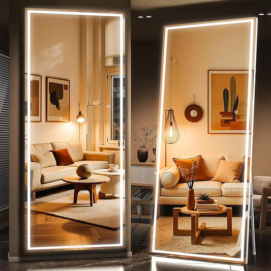 83" x 36" Full Length Mirror with Lights, Large LED Lighted Floor Standing Body Mirror, Dimmable & 3 Color Lighting for Bedroom, Cloakroom, Dressing Room, Tempered Glass, White Frame