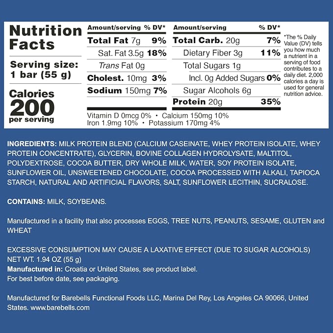 Barebells Protein Bars Chocolate Dough - 12 Count, Pack of 2 - Protein Snacks with 20g of High Protein - Low Carb Protein Bar with 1g of Total Sugars - Perfect on The Go Low Carb Snack & Breakfast Bars