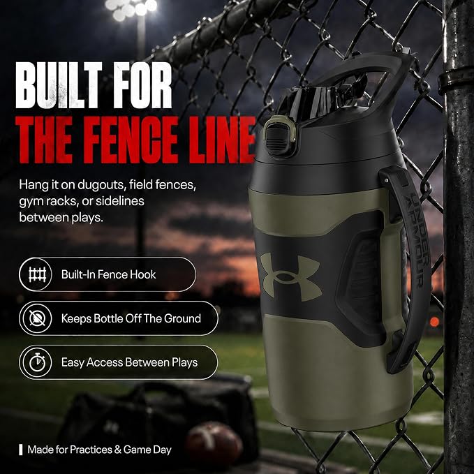 Under Armour Insulated Water Bottle with Handle & Fence Hook, Half Gallon Sports Water Jug, Leak-Resistant & BPA-Free for Baseball, Football & Gym - Marine OD Green, 64oz