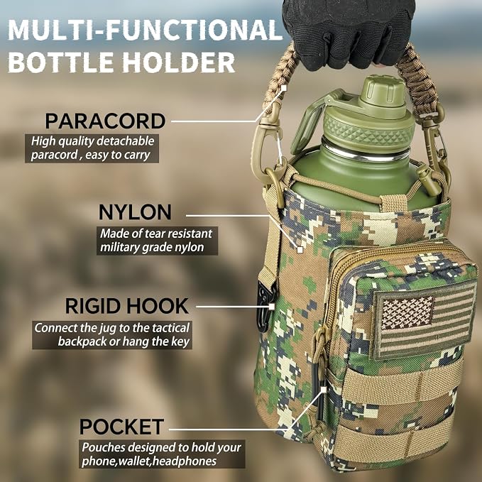 DEFUNX Half Gallon Water Bottle Insulated with Sleeve - Tactical 64 oz Stainless Steel Water Jug with MOLLE Water Bottle Pouch, Gym Water Bottles for Men Hiking Workout (Woodland Digital Camo)