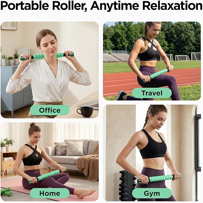 Muscle Roller & Massage Roller Stick for Athletes - Lymphatic Drainage Support, Relieves Muscle Soreness, Cramping & Tightness - Targets Legs, Arms, Back & Calves （Mint Green Wheel）