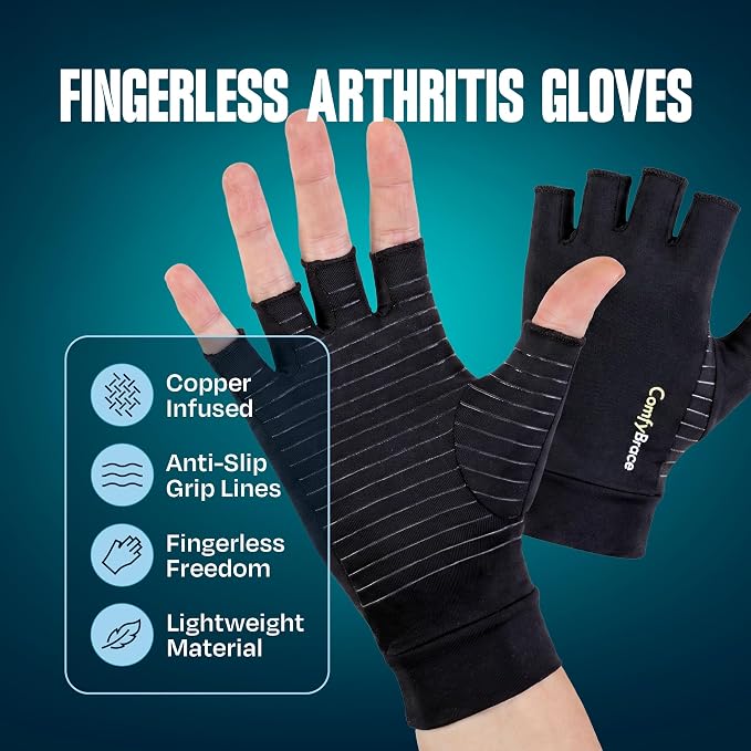 ComfyBrace Copper Arthritis Gloves, Hand Compression Gloves for Women & Men | Fingerless compression gloves for swelling, carpal tunnel, trigger finger, tendonitis and rheumatoid arthritis pain relief