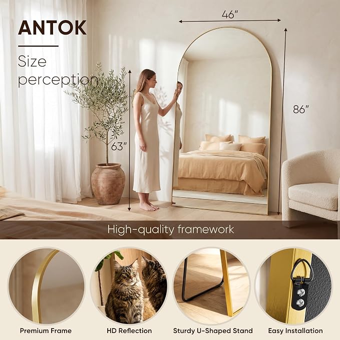 Antok 86" x46” Arched Full Length Floor Mirror, Gold Aluminum Frame, Free Standing/Wall Mount/Leaning for Bedroom, Living Room, Dressing Room
