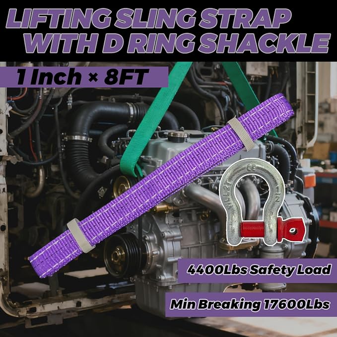 HENBOW Web Sling with D Ring Shackle,8FT× 1In Heavy Duty Flat Lift Sling 2200 lbs Safety Load，Lift Sling Straps for Hoist Car Tree Saver Winch Recovery