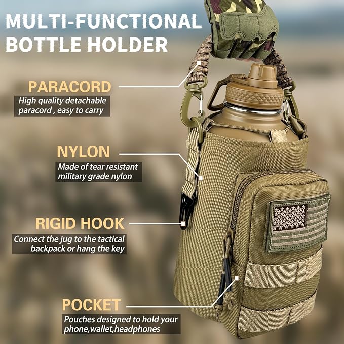 DEFUNX Half Gallon Water Bottle Insulated with Sleeve - Tactical 64 oz Stainless Steel Water Jug with MOLLE Water Bottle Pouch, Gym Water Bottles for Men Hiking Workout (Brown)