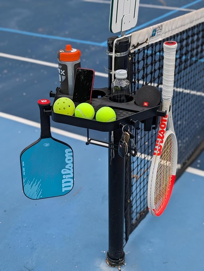 Grand Slam Court Caddie - Tennis and Pickleball Court Organizer for Fence and Net Post - Cup Holders, Phone Storage, Ball Slots, Racquet Hooks and Dual Waste Basket Mount - Weather-Resistant