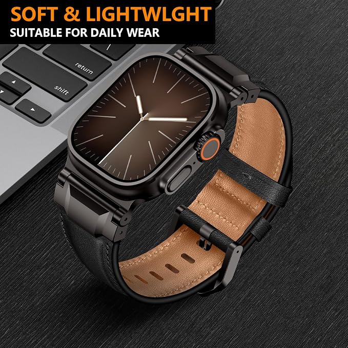 Bands Compatible with Apple Watch Ultra 3/2/1 Band 49/46/45/44mm | Genuine Leather Metal Connector Strap for iWatch Ultra Series 11/10/9/8/7/SE/6/5/4/3/2/1, Black/Black