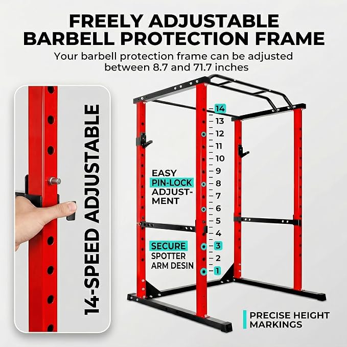 Squat Rack with Protection Arm, 1200 Lbs Capacitys All in One Power Cage, 44.3 x 45.6 x 81.5 Inch, 14.0 sq.ft Footprint Adjustable Fitness Power Gym Cage for Home Gym