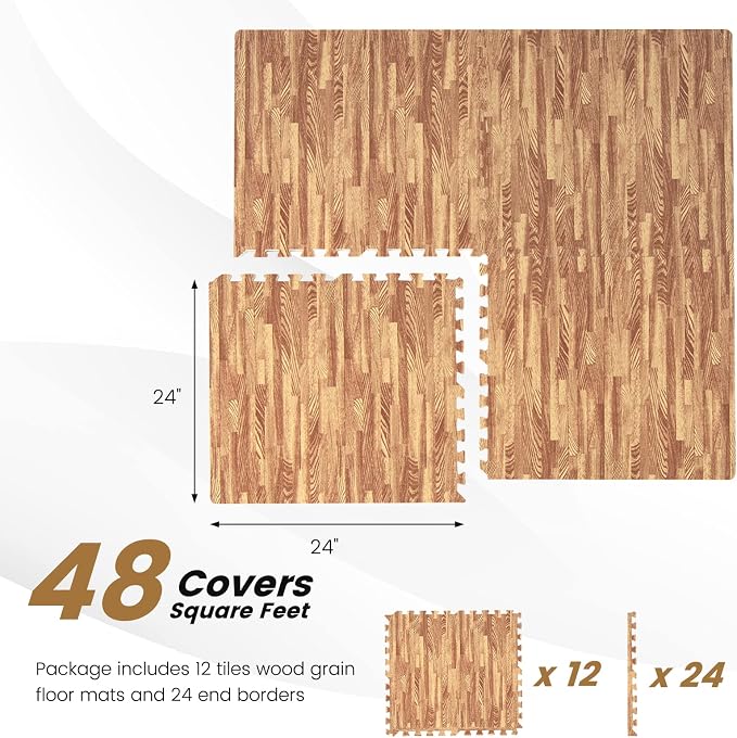 Giantex 12 Pcs Faux Wood Grain EVA Foam Tiles, 24"x24" Interlocking Floor | 48 Sq. Ft Puzzle Exercise Mats with 24 Borders, 0.4" Thick Waterproof Anti-Slip Flooring for Home Gym, Basement, Light Oak