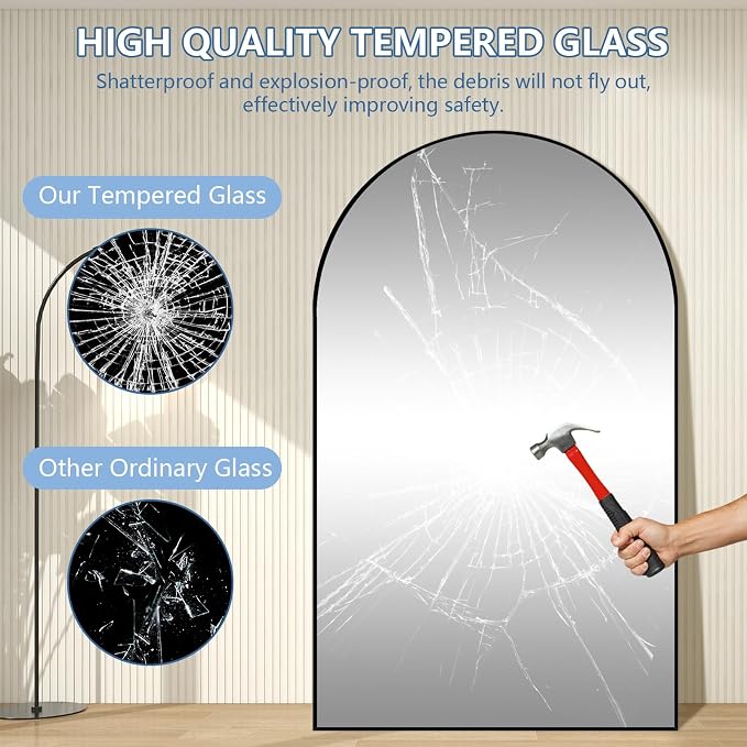 MirrMuse Oversized Arched Full Length Mirror with Stand, 76"X44", Black | Tempered Glass, Free Standing, for Bedroom Living Room Clothing Store Gym, Aluminum Alloy Frame, Hanging or Leaning