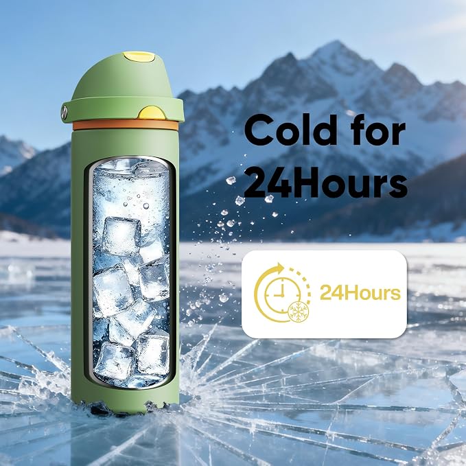 Insulated Water Bottle with Straw - Encool Stainless Steel Water Bottle with Push Button Lid, Leak-Proof & BPA-Free, Keeps Cold for 24 Hours for Sports, Travel, Gym (24 oz, Lichen-Yellow)