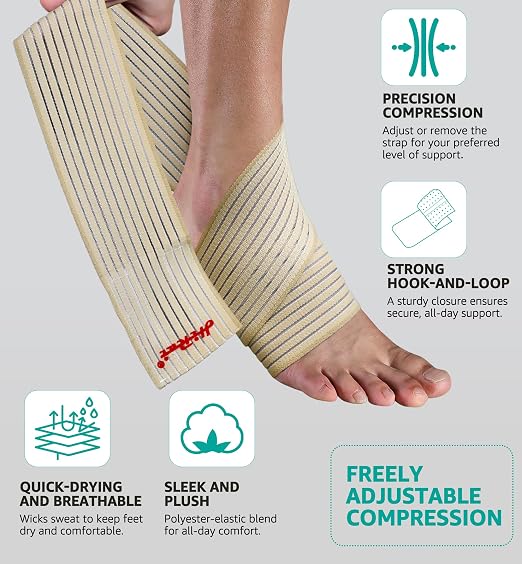 Foot & Ankle Brace 2 Pack, Adjustable Compression Wrap for Men & Women – Helps with Sprains, Plantar Fasciitis, Achilles Tendonitis, Arthritis, Running, Sports, Gym – Fits in Shoes (Beige)