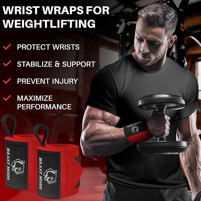 TECEUM Elastic Cotton Weightlifting Wrist Wraps with Thumb Loops, 1 Pair