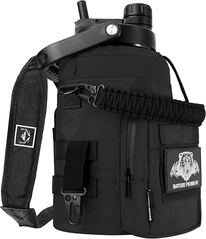 NATURE PIONEOR 128oz/1 Gallon Tactical Water Bottle with MOLLE Bottle Pouch | 18/8 Food-grade Stainless Steel, Double Vacuum Insulation, Wide-Mouth, Straw & Spout Lid, Strap, Camping, Hiking, Gym, Work