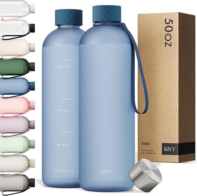 KIVY Large Water Bottle 50oz [Lightweight & Shatterproof] Fits Backpack & Cupholder for Travel, Sports, School - Blue water bottle no straw - 1.5 Liter water bottles - 50oz Water bottle