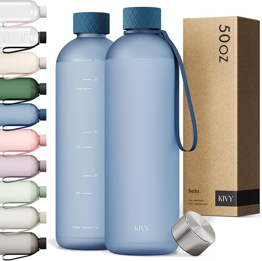 KIVY Large Water Bottle 50oz [Lightweight & Shatterproof] Fits Backpack & Cupholder for Travel, Sports, School - Blue water bottle no straw - 1.5 Liter water bottles - 50oz Water bottle