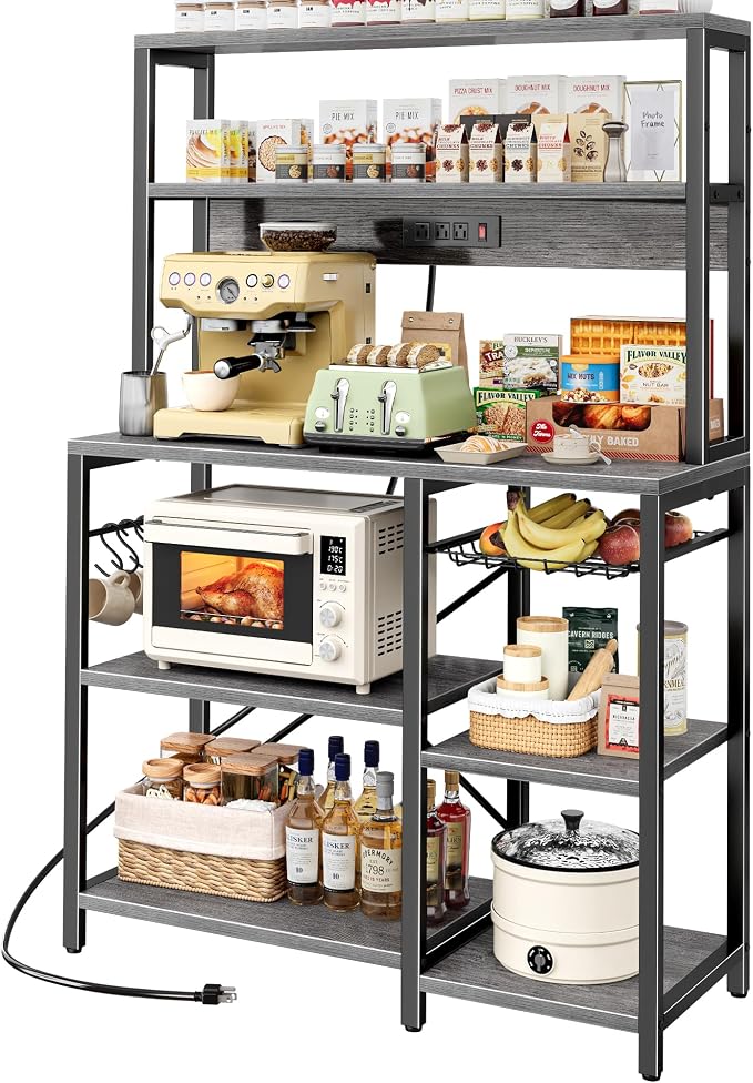 SUPERJARE Bakers Rack with Power Outlet, 35.4 Inches Coffee Bar with Basket | Kitchen Microwave Stand with 12 S-Shaped Hooks, Open Storage Shelves, Grey