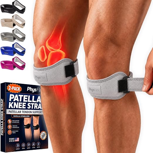 PhysFlex 2 Pack Patella Knee Brace - Knee Support and Pain Relief, Running, Hiking, Basketball, Jumpers Knee, Tendonitis, Adjustable Strap Patellar Tendon Stabilizer (Gray)
