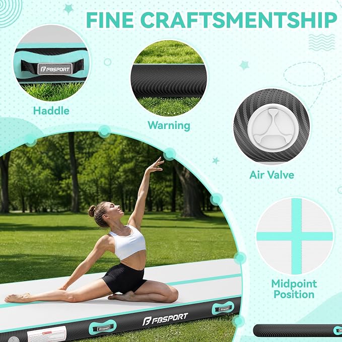 FBSPORT 6.6ft/10ft/13ft/16ft/20ft Inflatable Air Gymnastics Training Mat | 4/6/8 inches Thickness Inflatable Mat, with Electric Pump, Suitable for Home Training/Cheerleading/Yoga/Water