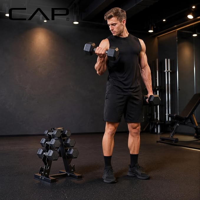 CAP Rubber Coated Hex Dumbbell Set with Storage Rack | 100–210 lb Options, Space-Saving Vertical Compact Storage for Home Gym Strength Training