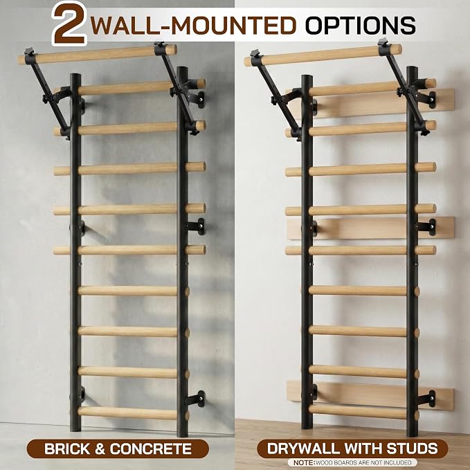 Swedish Ladder Wall Gym, Wooden Wall-Mounted Stall Bars with Pull-up Bar & Exercise Straps & Dip Bars, Stretching Ladder Full Body Home Gym Adults New