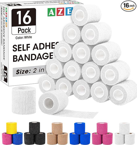 AZEN 16 Pack Self Adhesive Bandage Wrap Pink, 2" X 5 Yards Elastic Cohesive Bandage Wrap, Athletic Tape, Vet Wrap, Ankle Tape, Tattoo Grip Tape Wrap (White)
