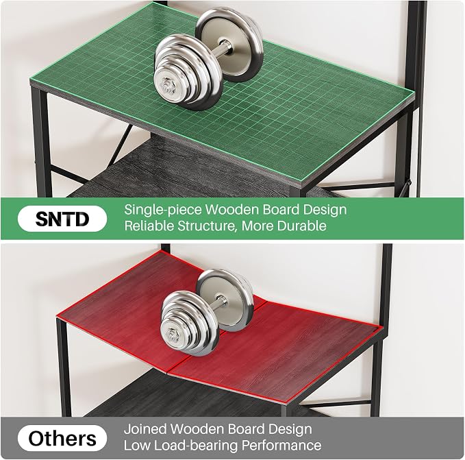 SNTD Bakers Rack with Power Outlet, Microwave Stand, Black, 23.5" W | Coffee Stand, 4 Tiers Kitchen Storage Shelves, Wire Grid Panel, 10 Hooks, Metal Frame, Triple X-Shaped Reinforcement