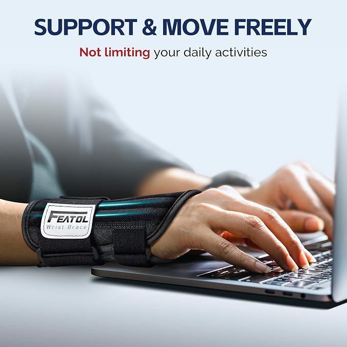 FEATOL 2 Pack Carpal Tunnel Wrist Brace For Work With Wrist Splint, 6.5'' Wrist Brace Night Support For Women Men, Pain Relief For Tendonitis, Arthritis, Pregnancy, Typing, Right and Left Hand, Medium