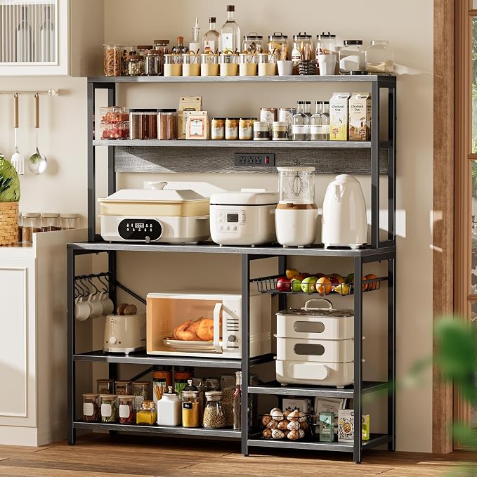 SUPERJARE Bakers Rack with Power Outlet, 47.2 Inches Coffee Bar with Basket | Kitchen Microwave Stand with 3 Level-Adjustable Open Shelves, with 9 S-Shaped Hooks, Grey