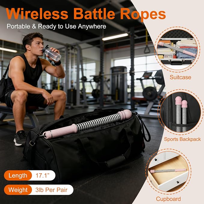 Adjustable Ropeless Battle Ropes, Portable Cordless Battle Ropes for Home Gym, Workout Equipment Exercise Rope for Low-Impact Workout, Strength & HIIT, for Men & Women (Pink)