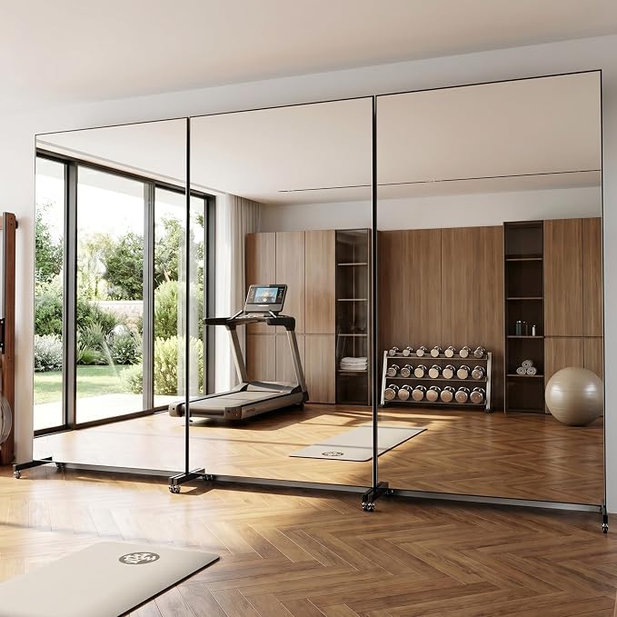 Suidia 82"x44" Extra Large Full Length Mirror on Wheels, 360° Swivel Rolling Mirror Floor, HD Tempered Glass Full Body Standing Mirrors for Home Gym, Yoga, Dance Studio, Bedroom, Rectangular, Black