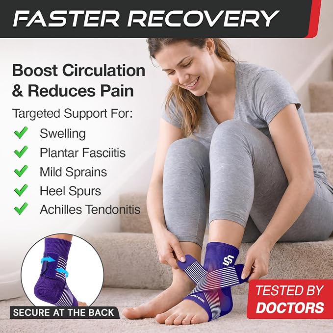 Sleeve Stars Ankle Brace for Women & Men, Ankle Wrap for Sprain, Compression Sleeve for Plantar Fasciitis Relief, Easy Customizable Support: w/ Removable Strap (Single/M:10"-12"/Dark Purple)