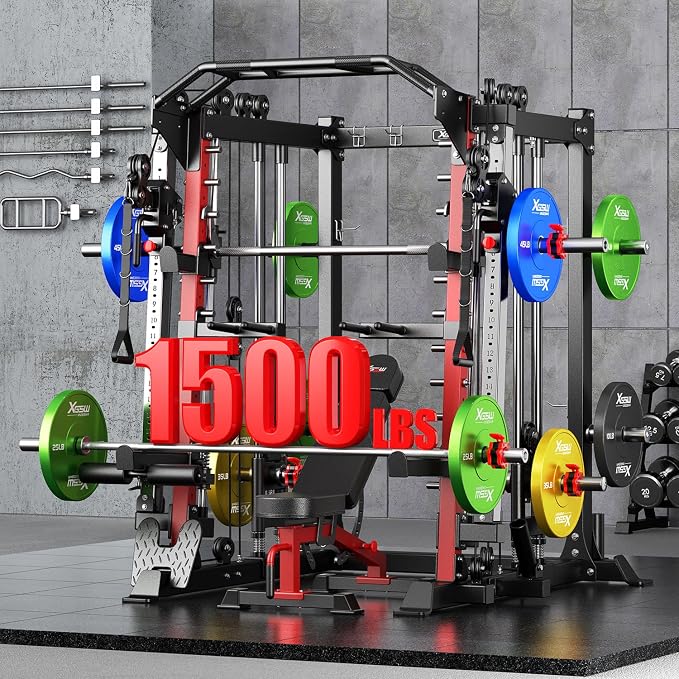 Smith Machine，Multi-Function Squat Rack Power Cage with Cable Crossover System,with Optional Weight Bench, Olympic Barbell Weight Set, for Home Gym