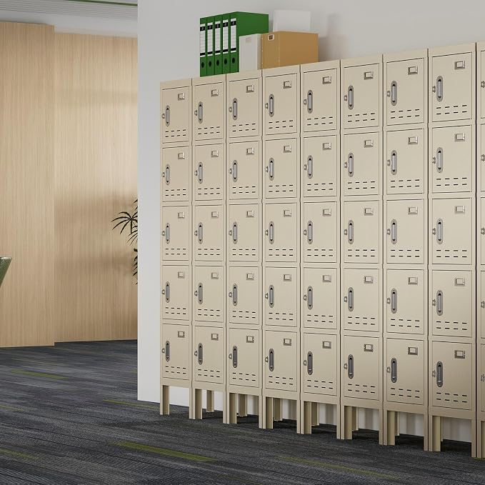 BUTISOW Metal Storage Locker with Lock & Card Slot - Secure Lockable Door - Steel Locker for School, Office, Gym, Home - 66.15" H x 11.8" W x 11.8" D - 5 Door - Beige