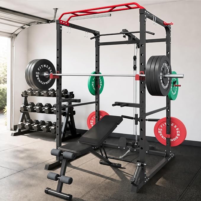 HulkFit Power Rack, Multi-Function Squat Rack with LAT Pull Down, Power Cage with Pulley System, Strength Training Home Gym Equipment with Workout Equipment Attachments, Cable Machine for Home Gym