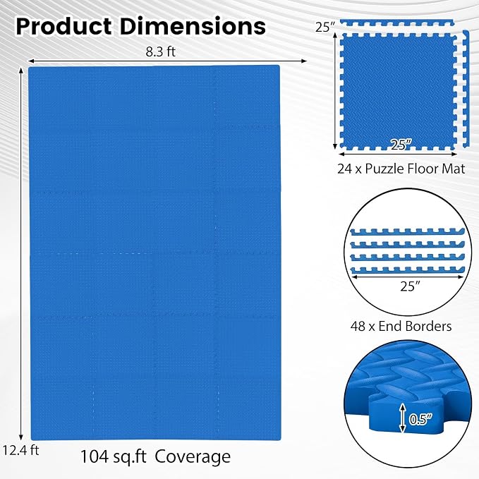 Tangkula 24 Tiles Exercise Flooring Mats with Border, Non-Slip EVA Foam Protective Mats, Elastic Puzzle Play Mats, 1/2" Interlocking Floor Mats for Home Gym, Fitness Room (Blue)