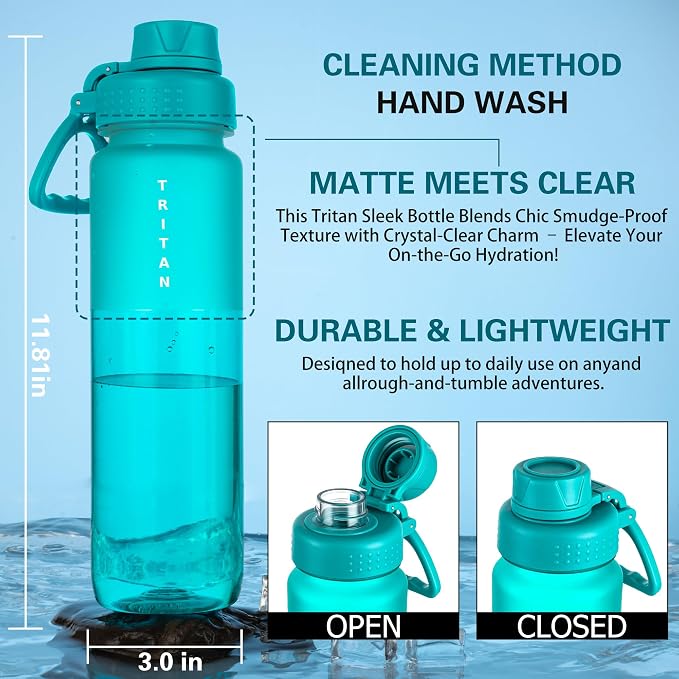 OLDLEY 32oz Water Bottle with Handle, BPA-Free Tritan Reusable Sports Water Bottle with Leak-Proof Dust Lid, Wide Mouth, Cup Holder Friendly, Half Frosted Clear Bottle for Gym, Travel, Work,Aqua Blue
