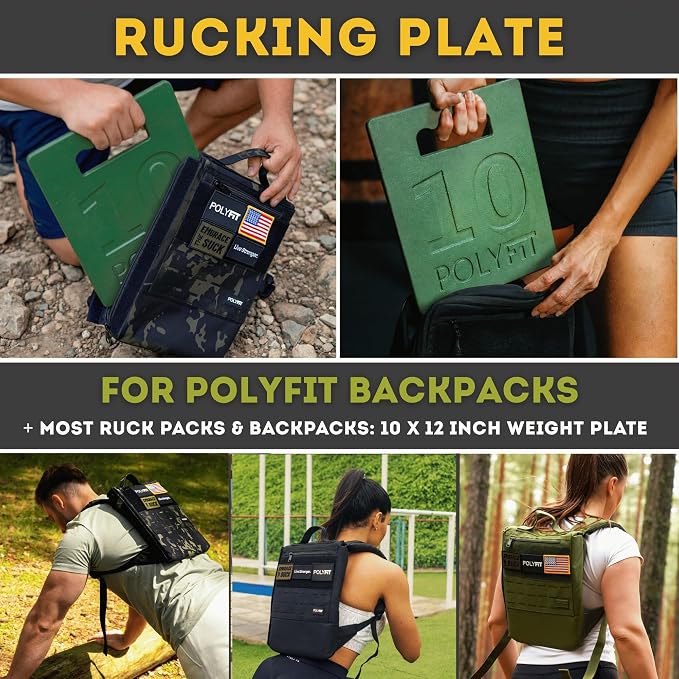 Polyfit Rucking Weight Plate - 10x12 Cast Iron Plate for Backpacks & Rucks | Includes backpack, 10 lb plate, rucking straps, sternum strap and hang loop, for walking, rucking and weighted training